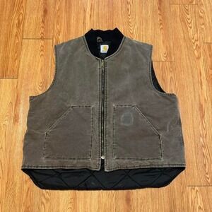 Carhartt Men's Vest Full Zip Utility Dark Brown Vintage 2000s Size 2XL